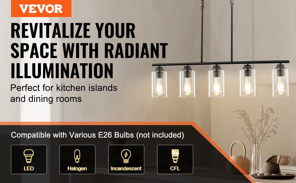 VEVOR 5 Light Kitchen Island Pendant Lights 60W Clear Glass Lampshade 4 Rods 2 Metal Chains Farmhouse Linear Chandeliers