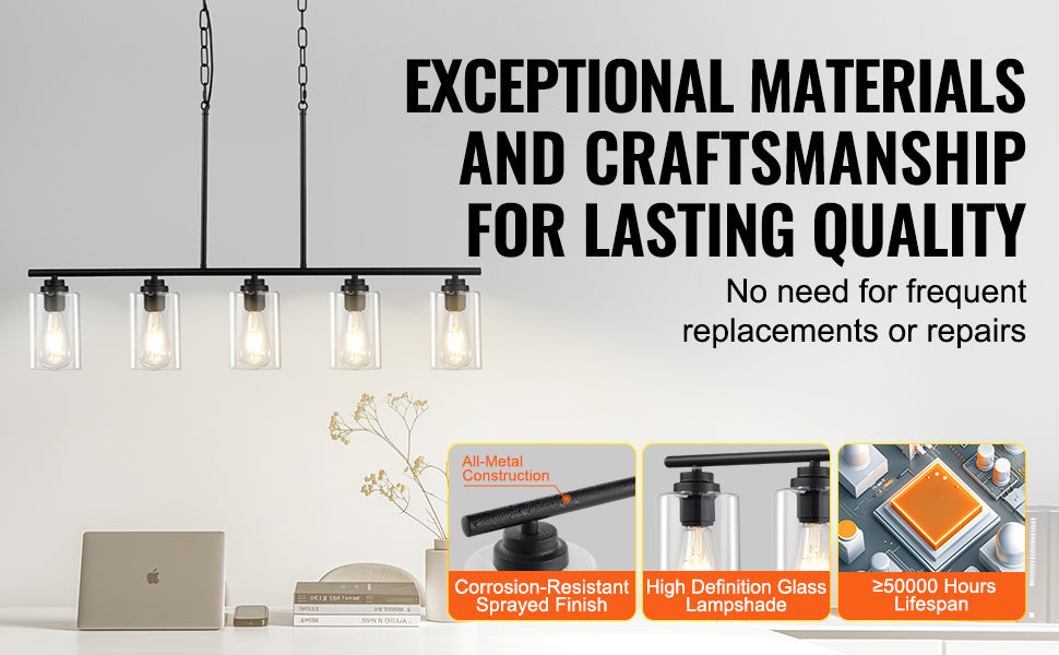 VEVOR 5 Light Kitchen Island Pendant Lights 60W Clear Glass Lampshade 4 Rods 2 Metal Chains Farmhouse Linear Chandeliers