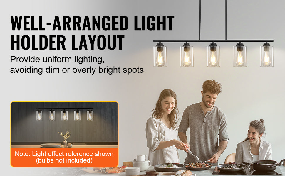 VEVOR 5 Light Kitchen Island Pendant Lights 60W Clear Glass Lampshade 4 Rods 2 Metal Chains Farmhouse Linear Chandeliers