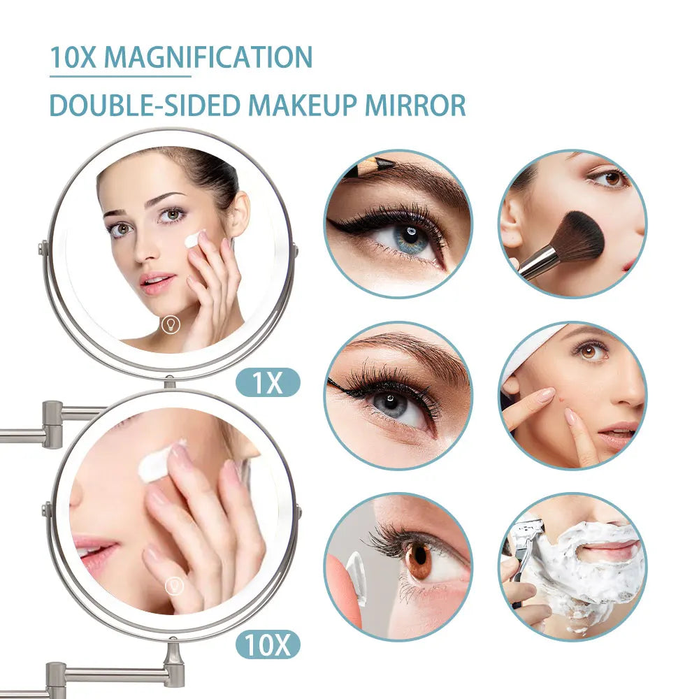 8 Inch Wall Mounted Bathroom Mirror Adjustable LED Makeup Mirror 10X Magnifying Touch Vanity Cosmetic Mirror with Light - Cheerful Home Finds