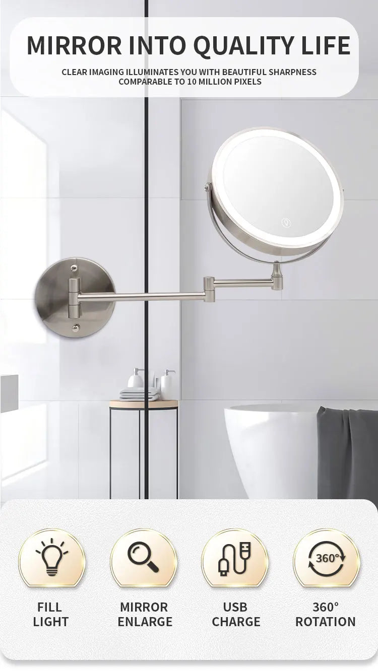 8 Inch Wall Mounted Bathroom Mirror Adjustable LED Makeup Mirror 10X Magnifying Touch Vanity Cosmetic Mirror with Light - Cheerful Home Finds
