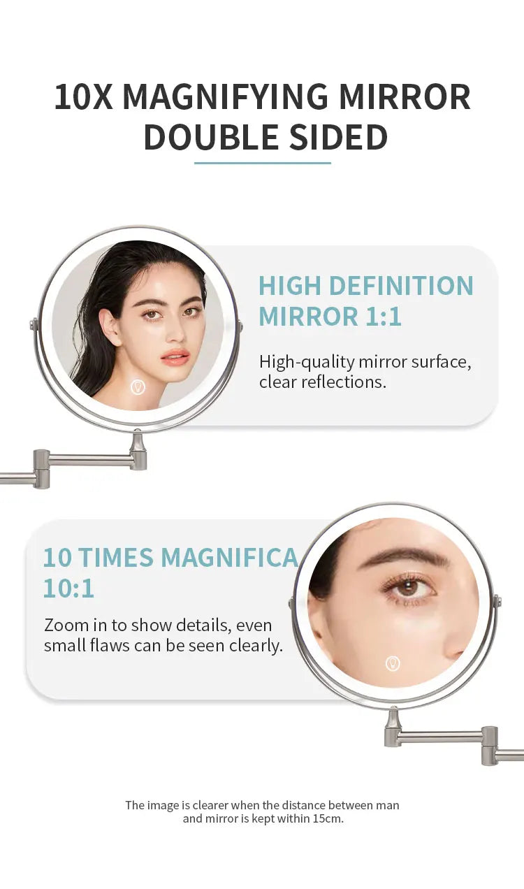 8 Inch Wall Mounted Bathroom Mirror Adjustable LED Makeup Mirror 10X Magnifying Touch Vanity Cosmetic Mirror with Light - Cheerful Home Finds
