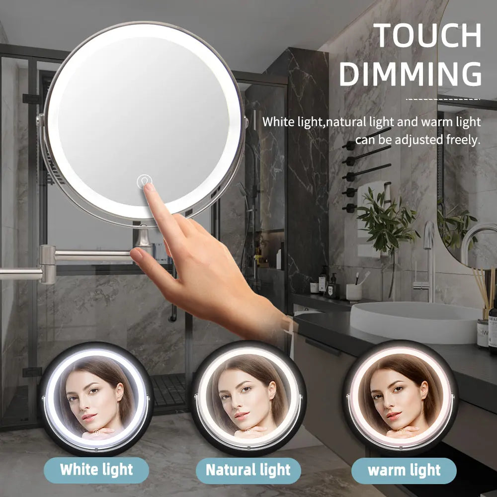8 Inch Wall Mounted Bathroom Mirror Adjustable LED Makeup Mirror 10X Magnifying Touch Vanity Cosmetic Mirror with Light - Cheerful Home Finds