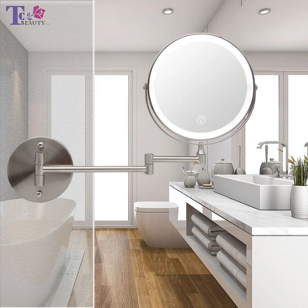 8 Inch Wall Mounted Bathroom Mirror Adjustable LED Makeup Mirror 10X Magnifying Touch Vanity Cosmetic Mirror with Light - Cheerful Home Finds