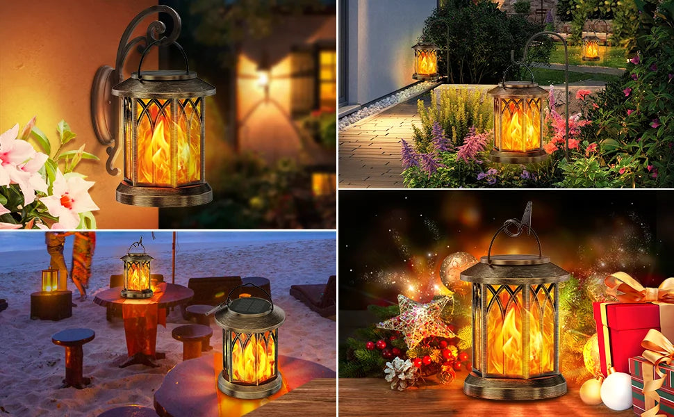 2 Pack Upgraded Flickering Flame Solar Lanterns Lights Outdoor - Cheerful Home Finds