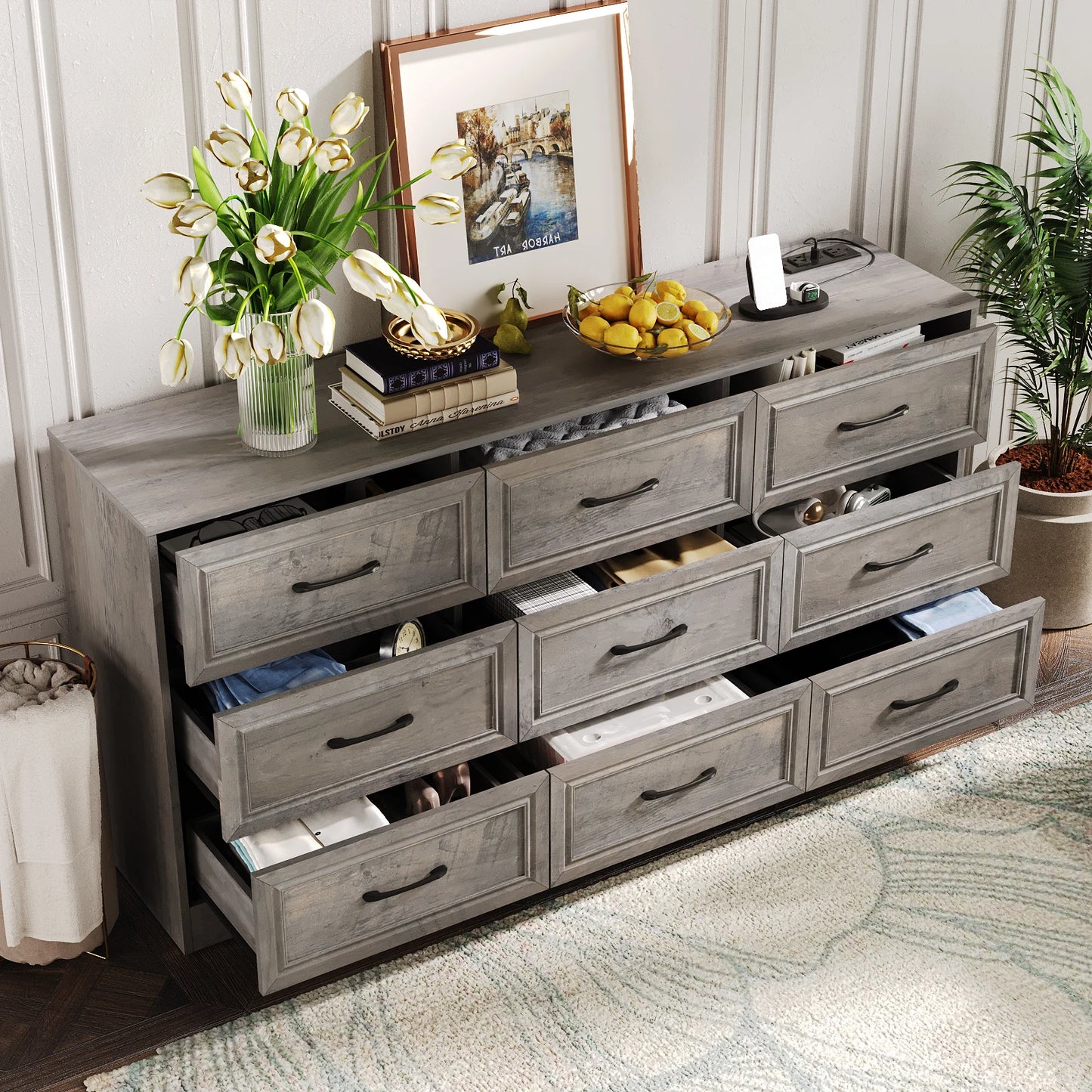 Vabches Wood Dresser for Bedroom 9 Drawer Storage Organizer with Power Outlet and Metal Handles - Cheerful Home Finds