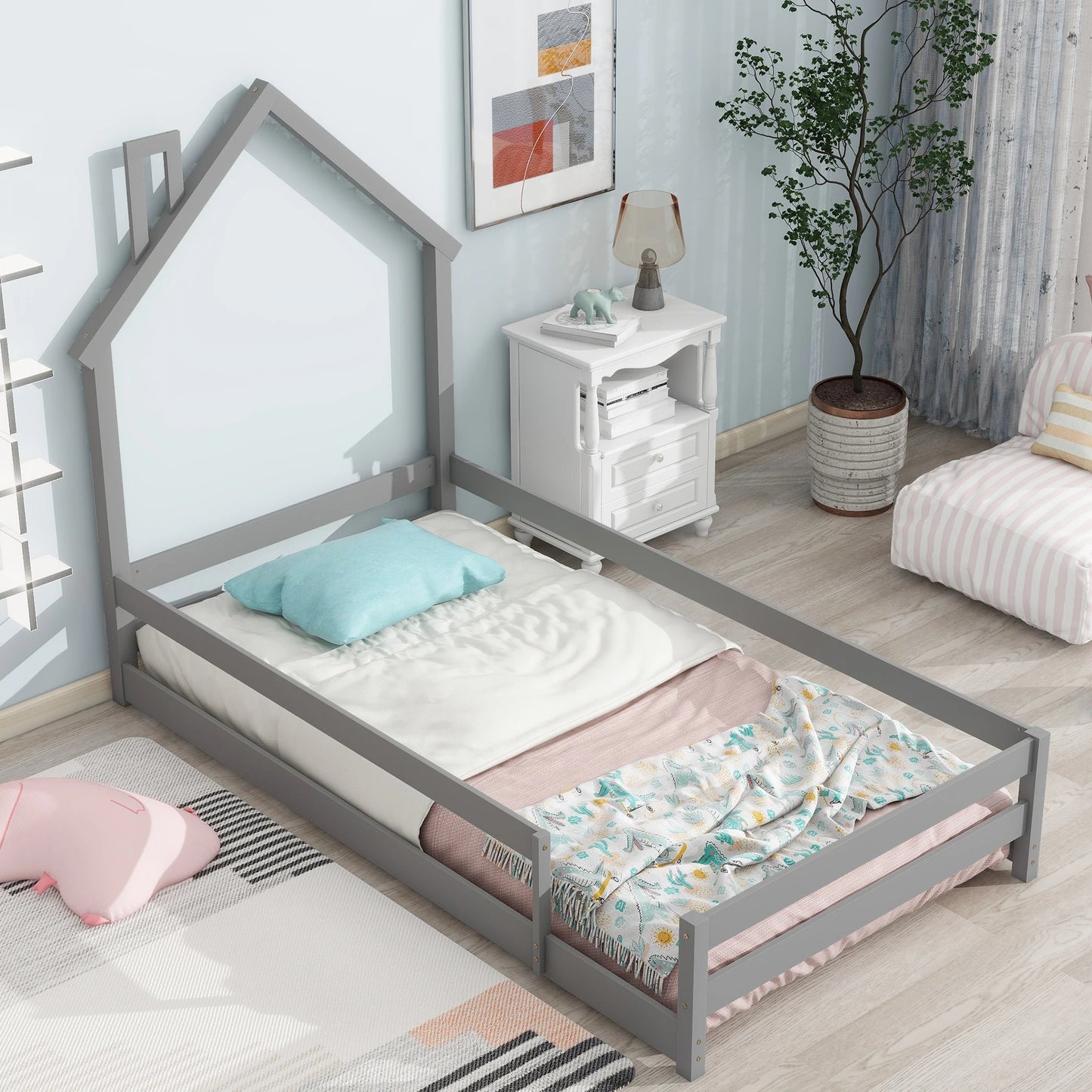 Twin Size Wood Bed With House-Shaped Headboard Grey - Cheerful Home Finds