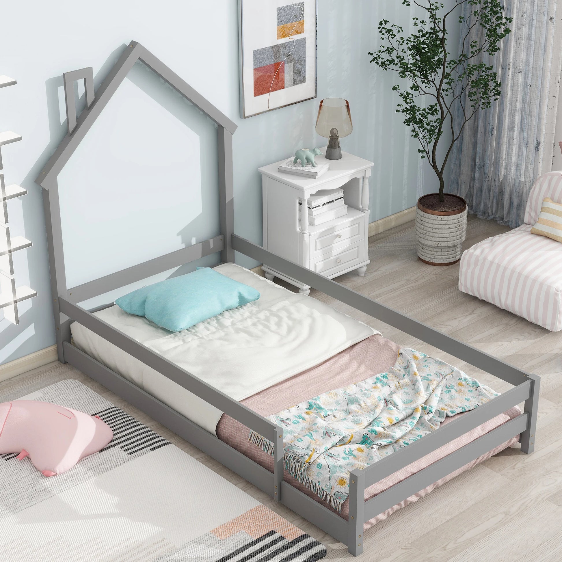 Twin Size Wood Bed With House-Shaped Headboard Grey - Cheerful Home Finds
