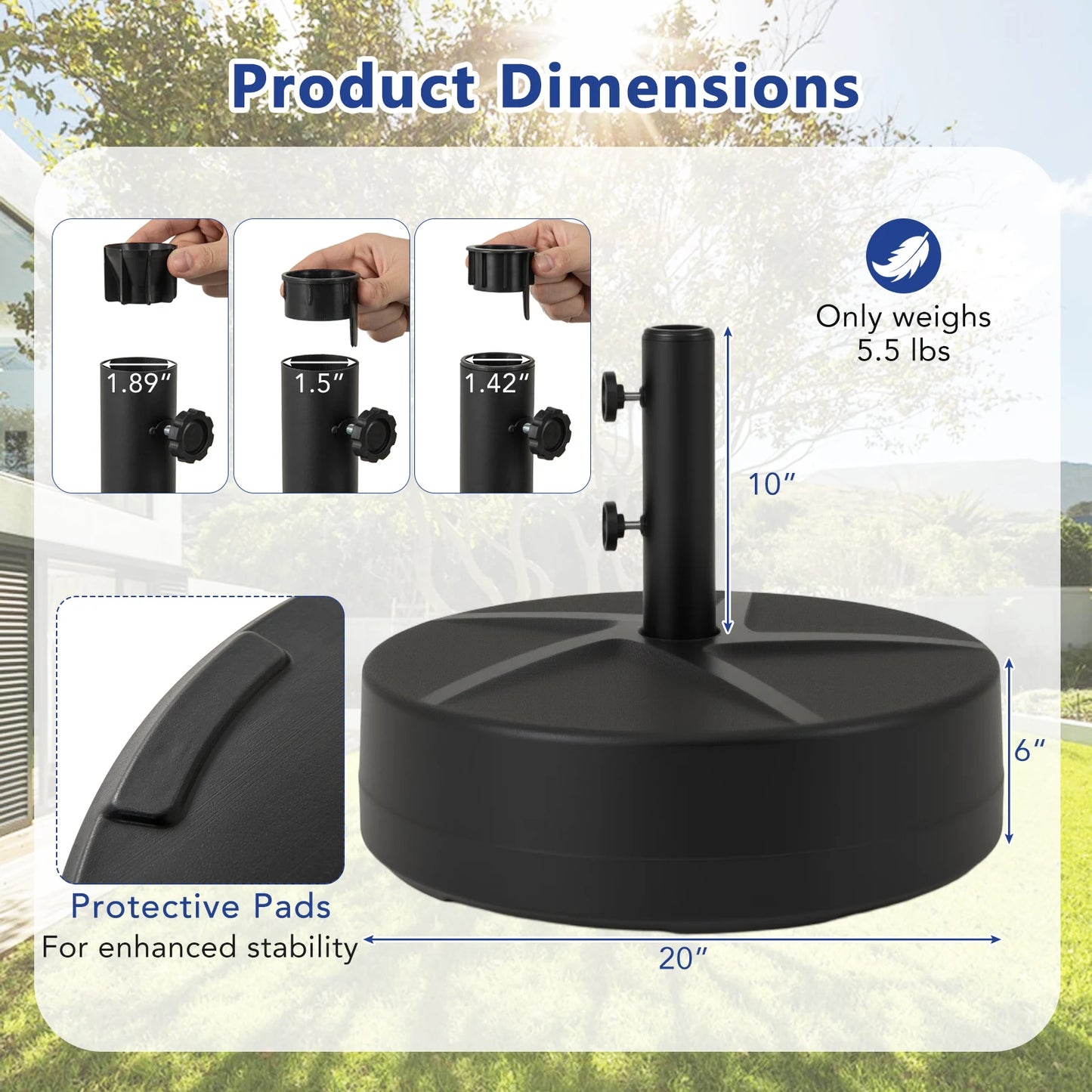 Patio Round Umbrella Base with Two Adjustable Knobs and Three Adapters for Outdoor Poolside Use