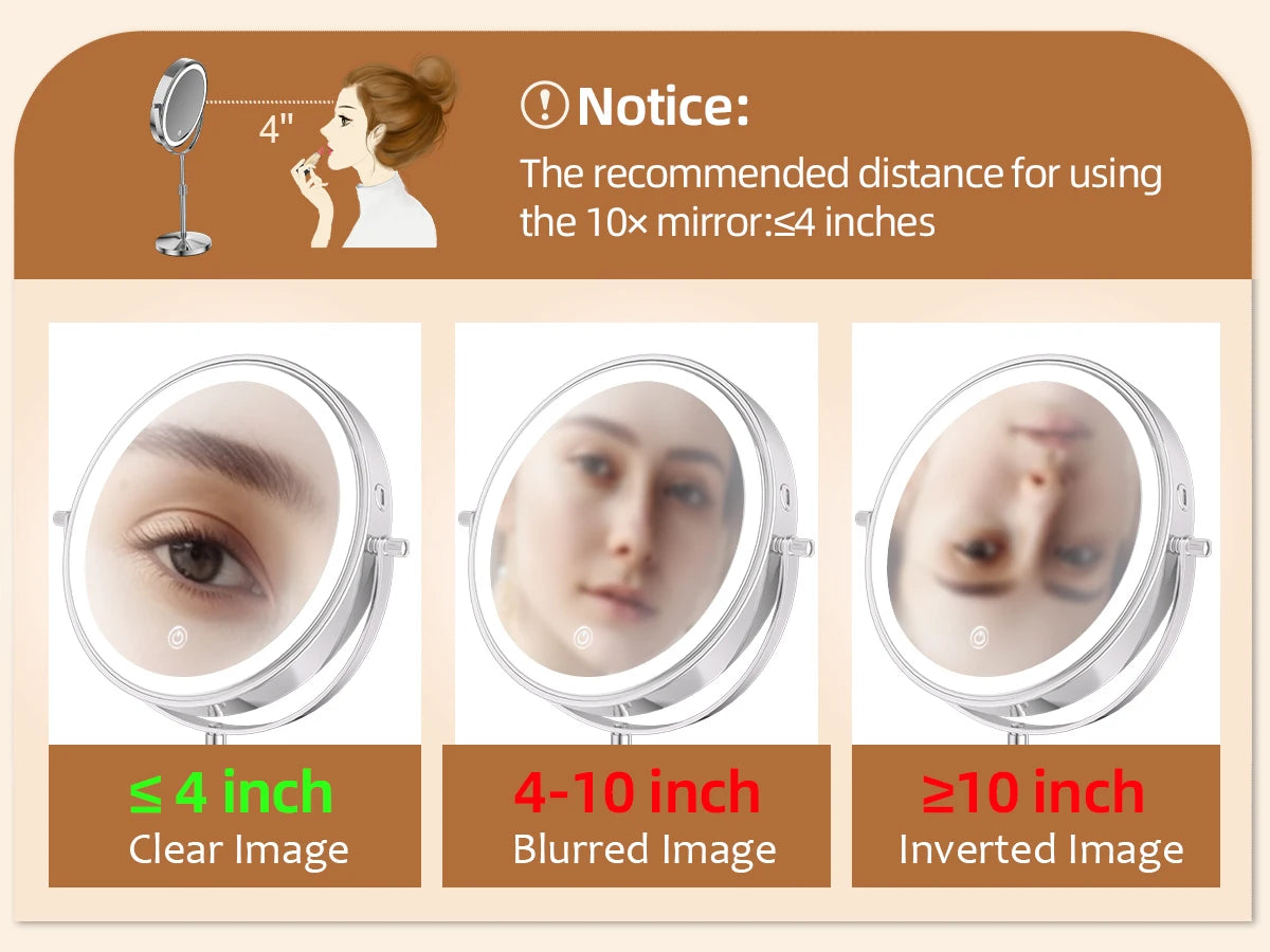 8 Inch Makeup Mirror With Light Lamp 10X Magnification 3 Color Lights Adjustable Brightness Height Standing Mirror - Cheerful Home Finds