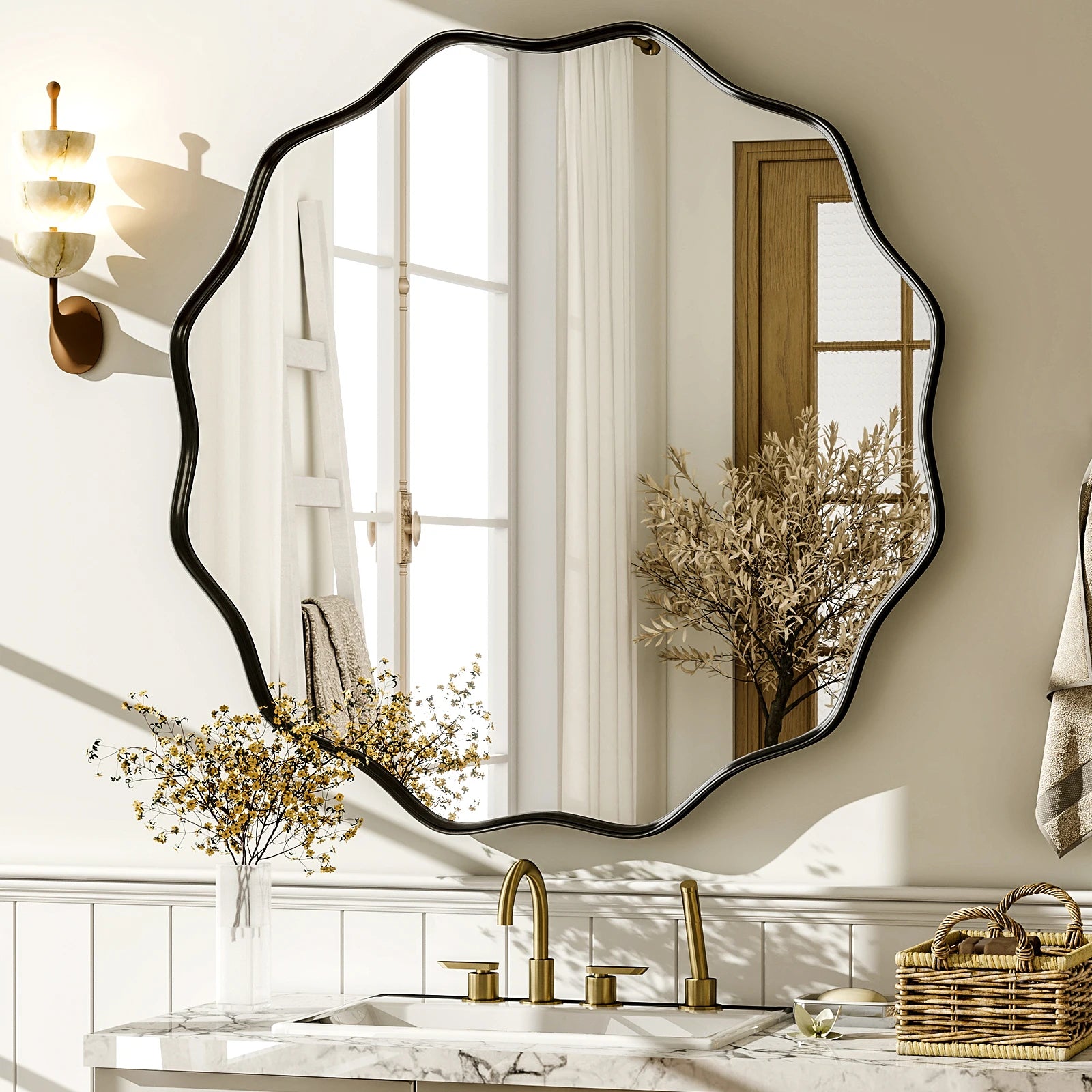 Wavy Round Bathroom Mirror Decorative Wall Mirror with Deep Frame - Cheerful Home Finds