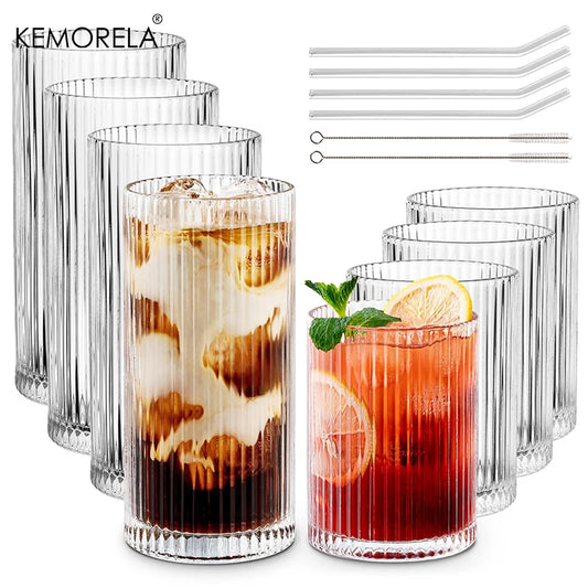 KEMORELA 8PCS Glass Cups Ribbed Vintage Glassware Set