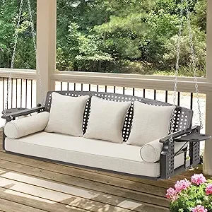 3 Seat Porch Swing, Patio Swing Bench with Cup Holders - Cheerful Home Finds