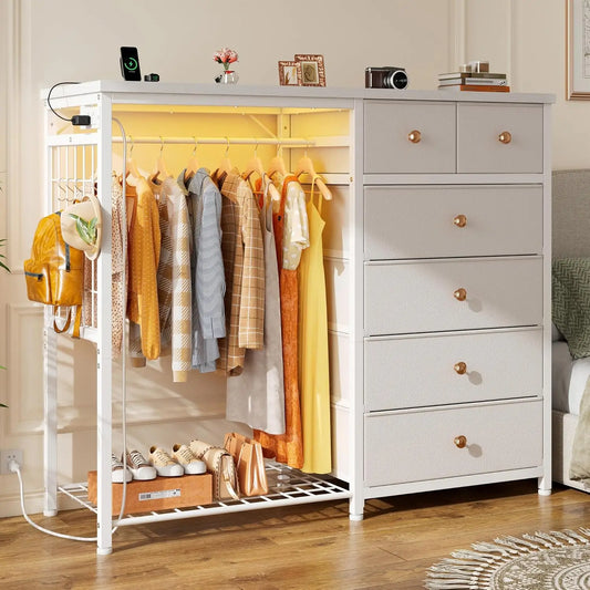 49.2 Inch White Dresser for Bedroom with Hanging Rack and Six Drawers LED Lights and Charging Station Fabric Dressers - Cheerful Home Finds