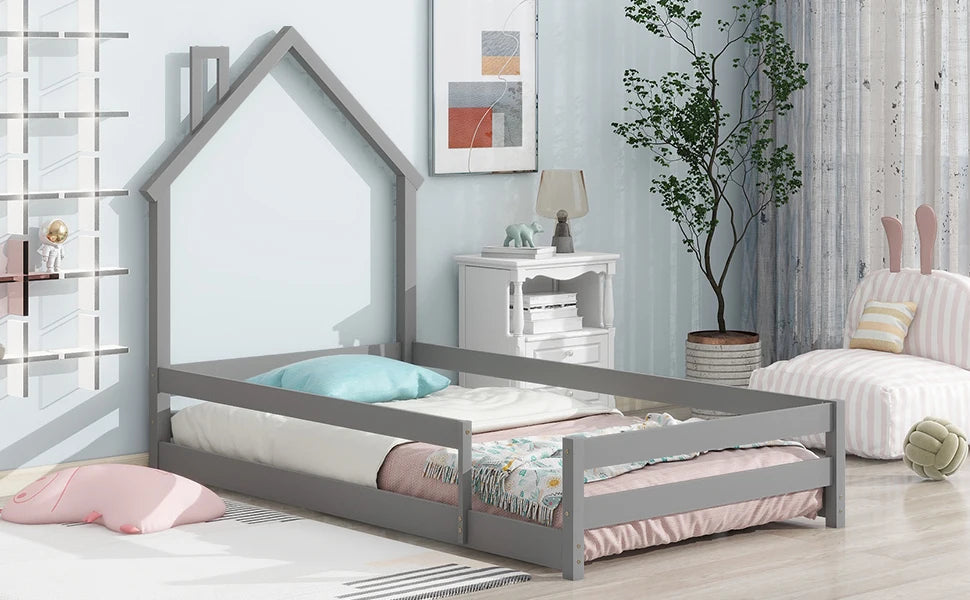 Twin Size Wood Bed With House-Shaped Headboard Grey - Cheerful Home Finds