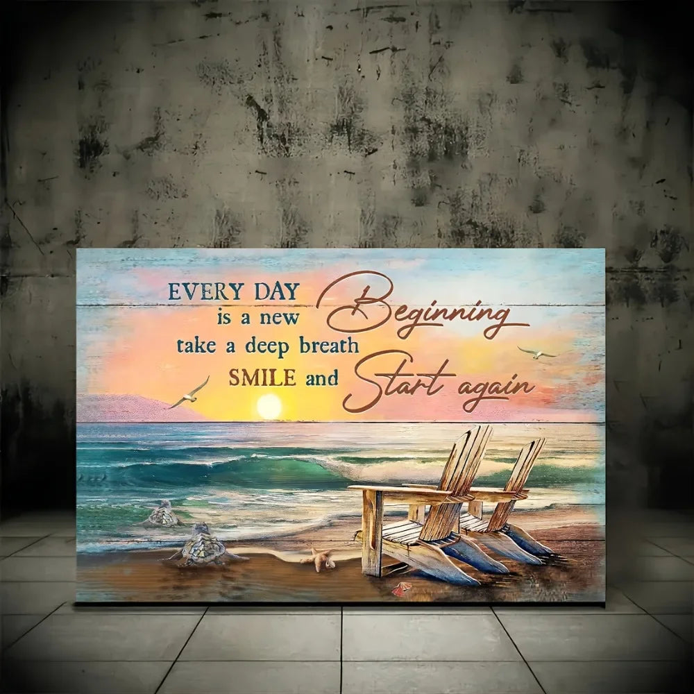 1 1.5 Inch Thick Pine Frame Canvas Wall Art Beach Sunset Scene Inspirational Quote Every Day Is A New Beginning