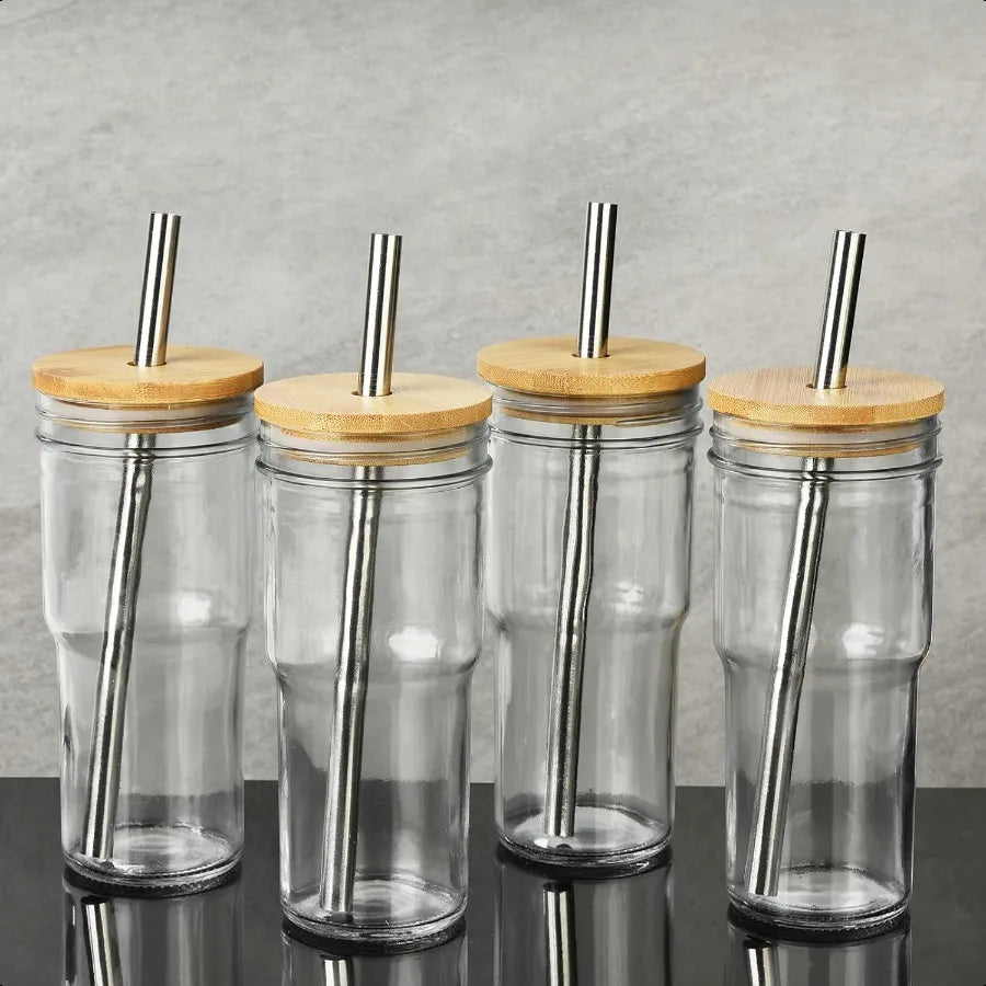 4 Pack Glass Cups with Bamboo Lids and Straws 24 oz Mason Jar Glass Tumblers Reusable Boba Cups Iced Coffee Drinking Glasses