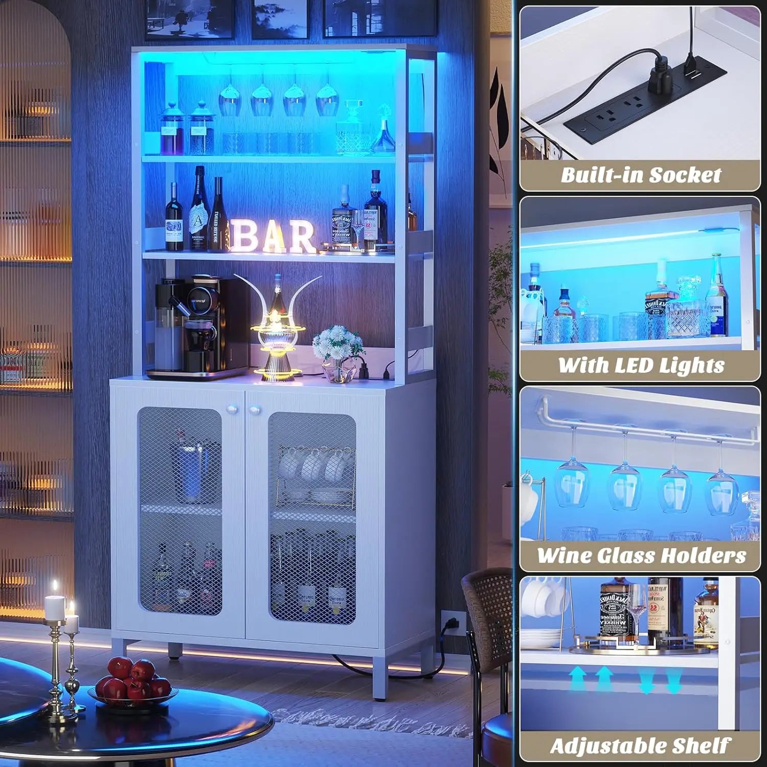Bar Cabinet with Power Outlets, 67 Inch Tall Wine Bar - Cheerful Home Finds