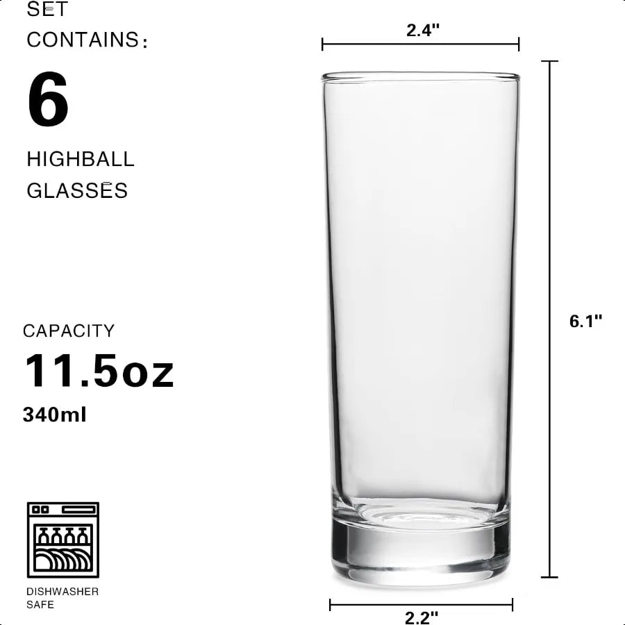 Highball Glasses Set of 6 11.5oz Tall Drinking Glasses - Cheerful Home Finds