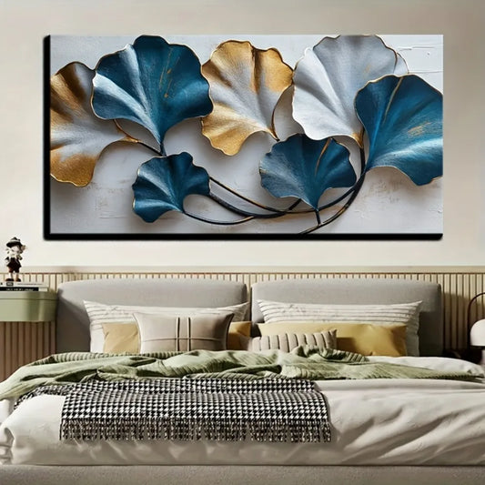 Blue And Yellow Leaf Canvas Wall Art Elegant Sketch Still Life Home Decor 1.5 Inch Thick Pine Solid Wood Frame - Cheerful Home Finds