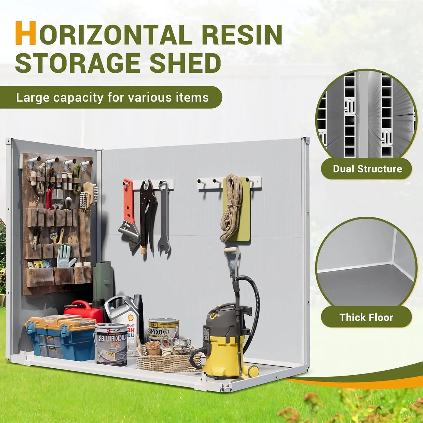 41 Cu Ft Horizontal Outdoor Storage Shed Weatherproof Resin with Floor Gas Spring Lockable Doors
