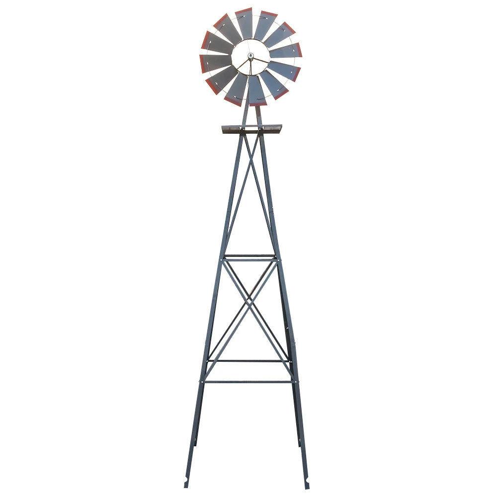 8FT Weather Resistant Yard Garden Windmill Gray and Red - Cheerful Home Finds