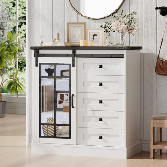 Vabches Dresser for Bedroom 6 Drawer with Glass Door - Cheerful Home Finds