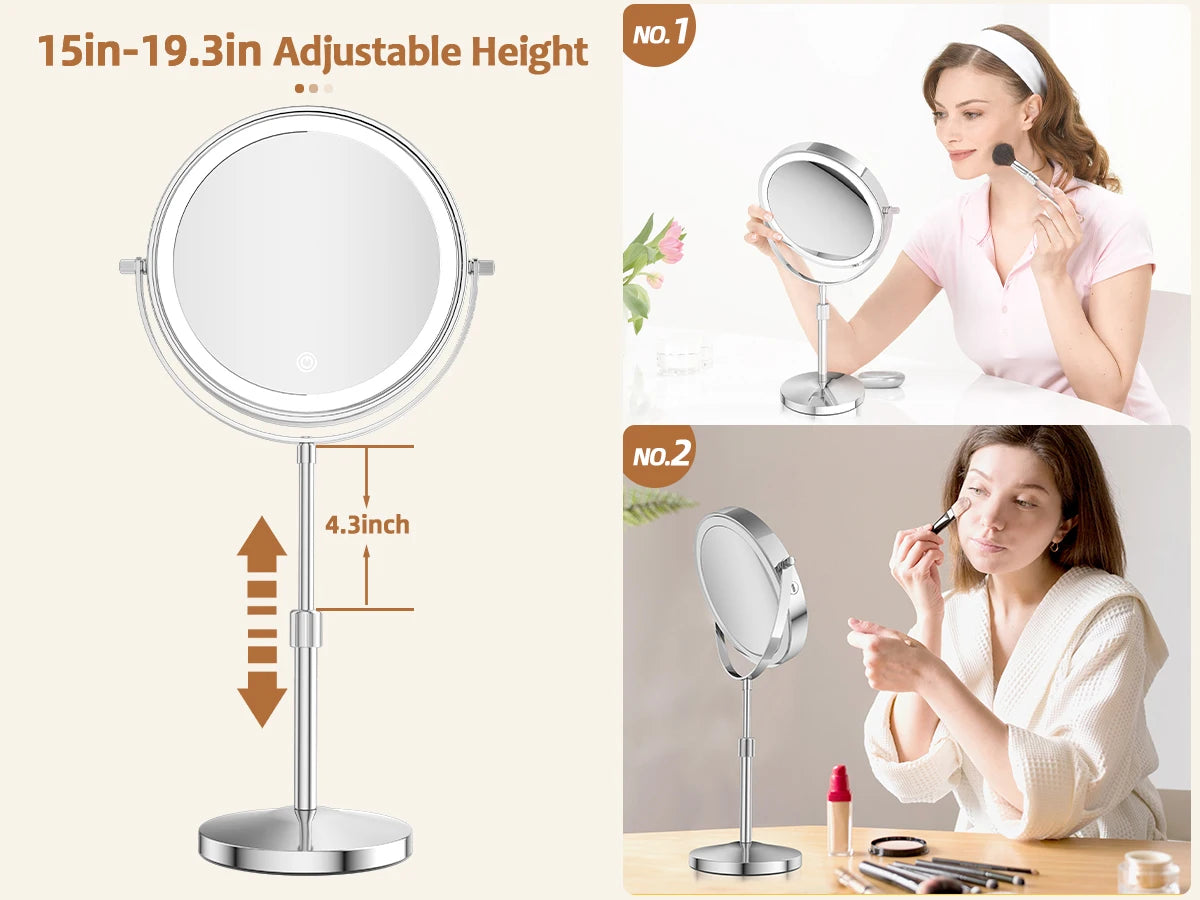 8 Inch Makeup Mirror With Light Lamp 10X Magnification 3 Color Lights Adjustable Brightness Height Standing Mirror - Cheerful Home Finds