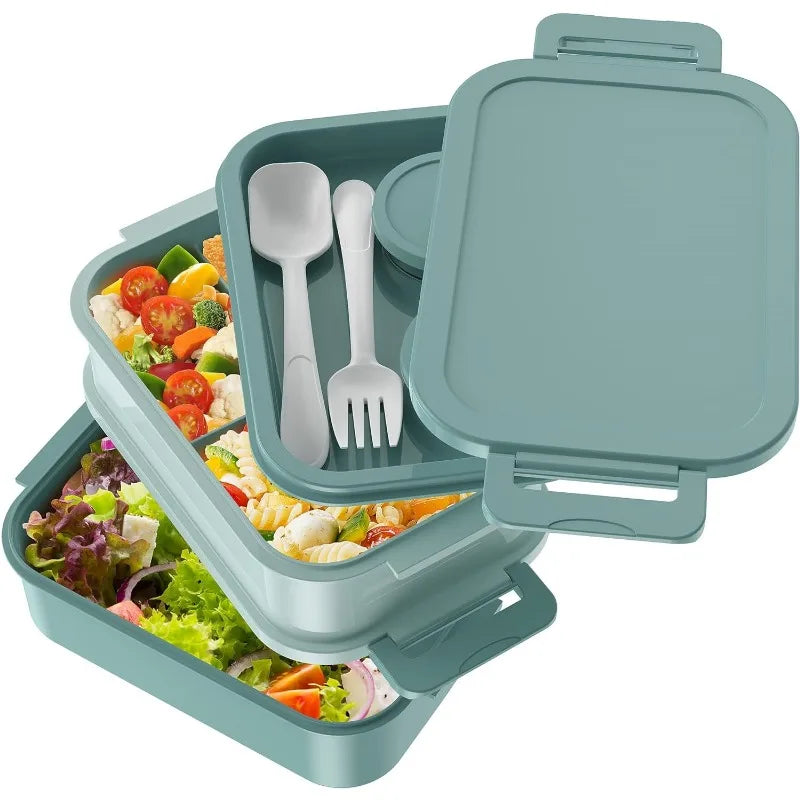 72oz Three Layers All in One Large Bento Box Leak Proof with Utensil Sauce Dressing Containers for Dining Out Work Green