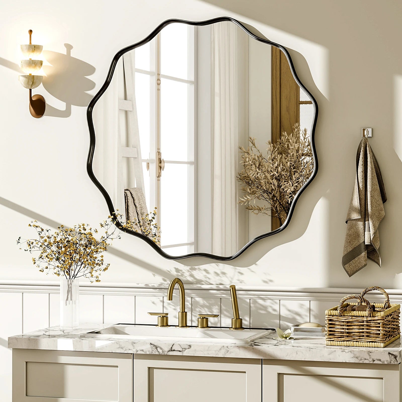 Wavy Round Bathroom Mirror Decorative Wall Mirror with Deep Frame - Cheerful Home Finds