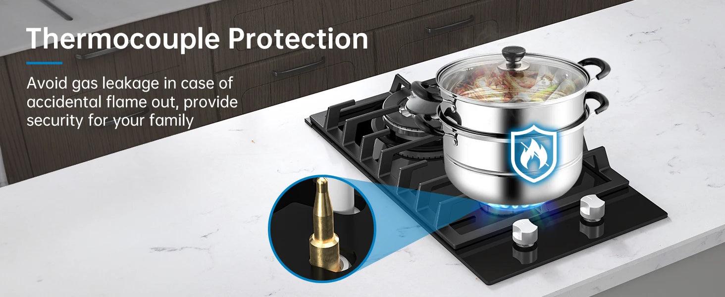12 Inch Built-in with Thermocouple Protection, LPG/NG Dual Fuel Gas Cooktop - Cheerful Home Finds