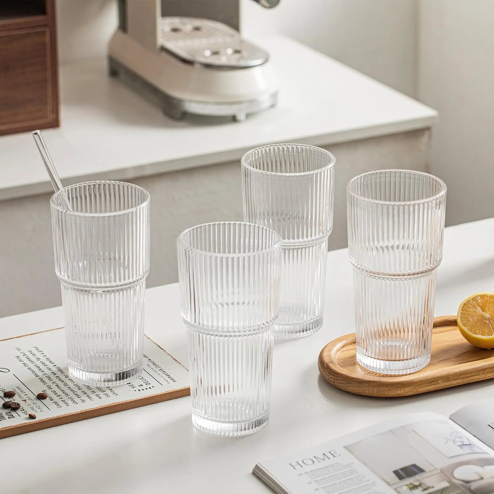 KEMORELA 20oz Ribbed Glass Tumbler Set of 4 for Drinks - Cheerful Home Finds