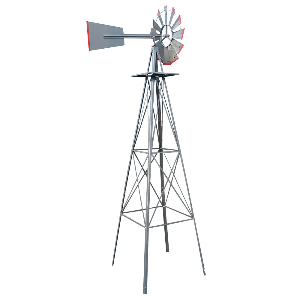 8FT Weather Resistant Yard Garden Windmill Gray and Red - Cheerful Home Finds