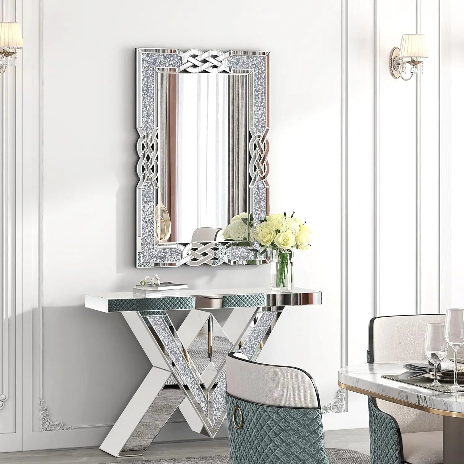 90/100/120CM Large Crystal Crush Diamond Mirror Vanity Silver Decorative Wall Hang Mirror - Cheerful Home Finds