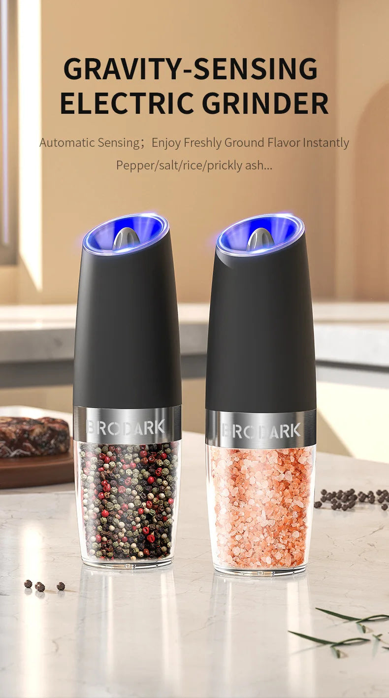 1/2Pcs Gravity Electric Salt And Pepper Grinder Set Battery Powered LED Light One Hand Automatic Operation - Cheerful Home Finds