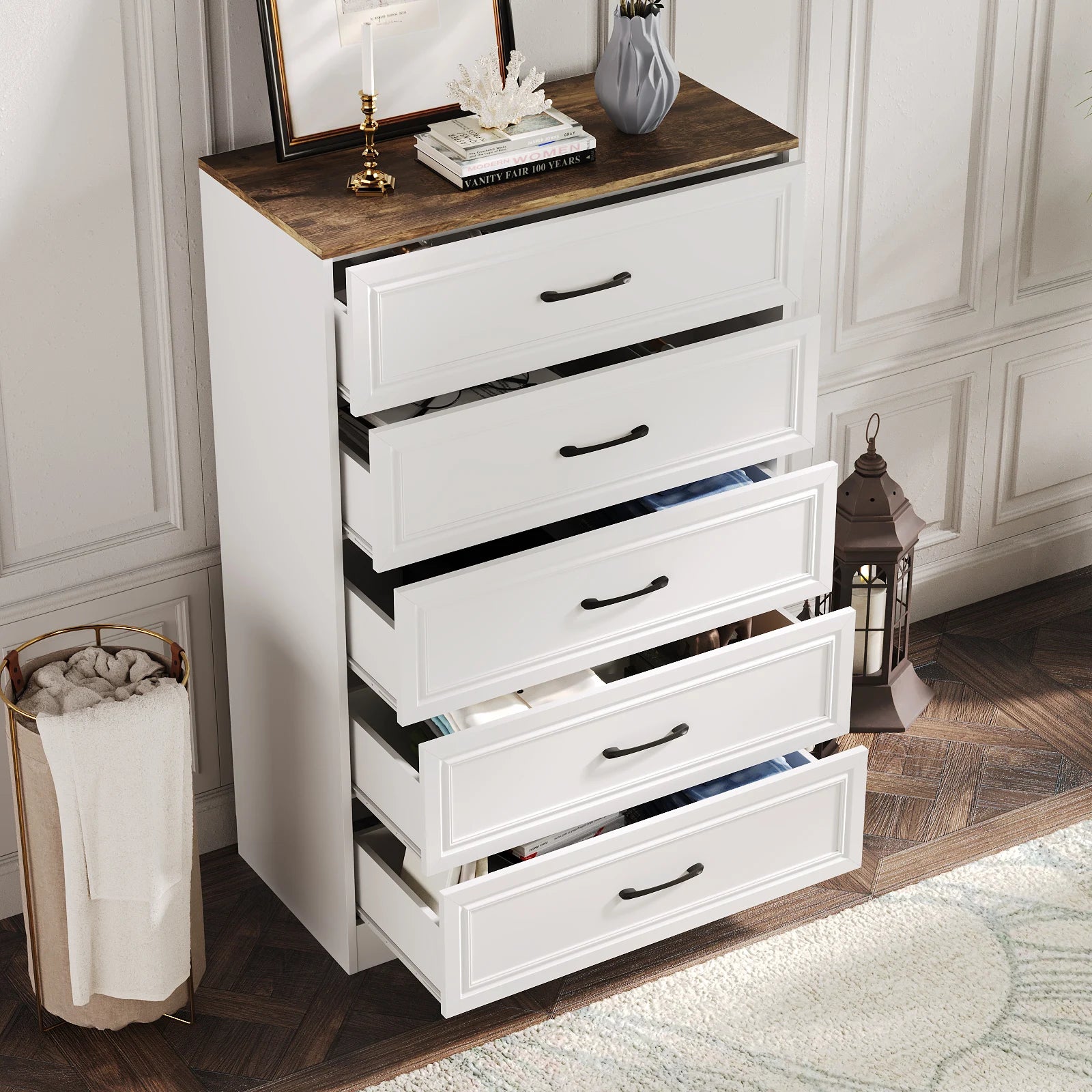 Vabches Wooden Dresser for Bedroom 47 Inch Tall 5 Drawer Storage Organizer with Metal Handles - Cheerful Home Finds
