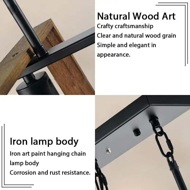 Vintage Industrial Style 4-Head Pendant Light Solid Wood Iron Hanging Lamps for Dining Room and Restaurant Lighting Fixture