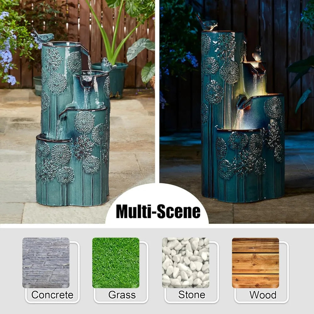31.75 Inch Outdoor Water Fountain with LED Lights and Pump 4 Tier Dandelion Texture Vase Shaped Ceramic Floor Standing Fountain