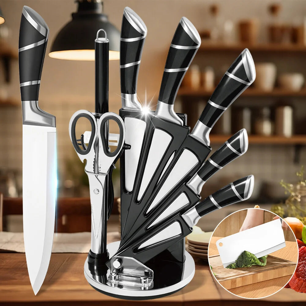 Mdhand Stainless Steel Kitchen Knife Set With Sharpener Nonstick Coated Chef Knives For Cutting Slicing Dicing Chopping - Cheerful Home Finds
