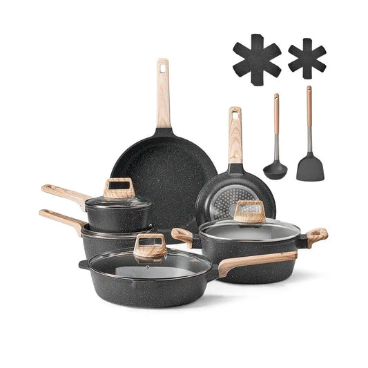 17 Piece Granite Nonstick Cookware Set for Induction Black Kitchen Essentials
