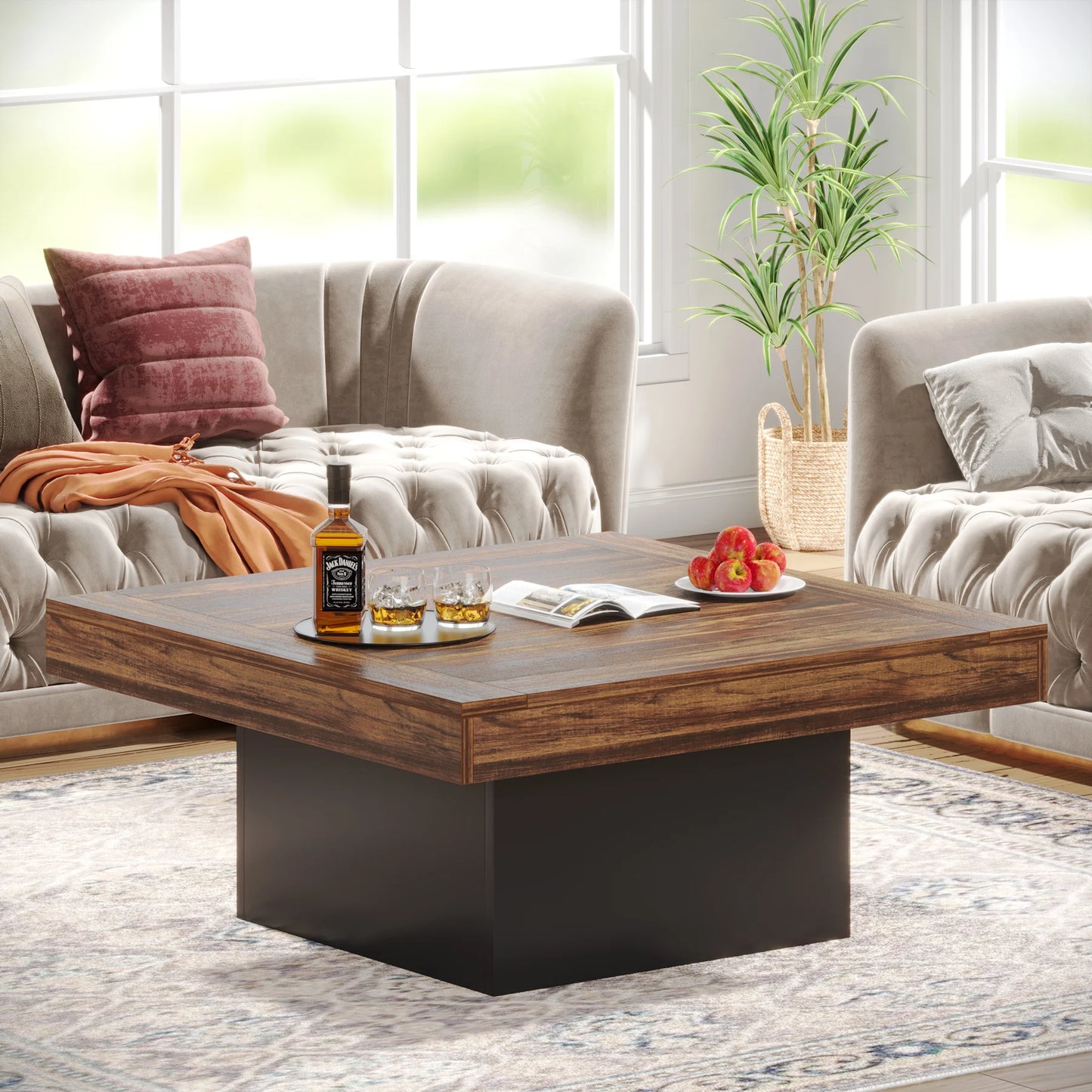 Tribesigns Square LED Coffee Table Engineered Wood Low Coffee Table for Living Room Rustic Brown and Black