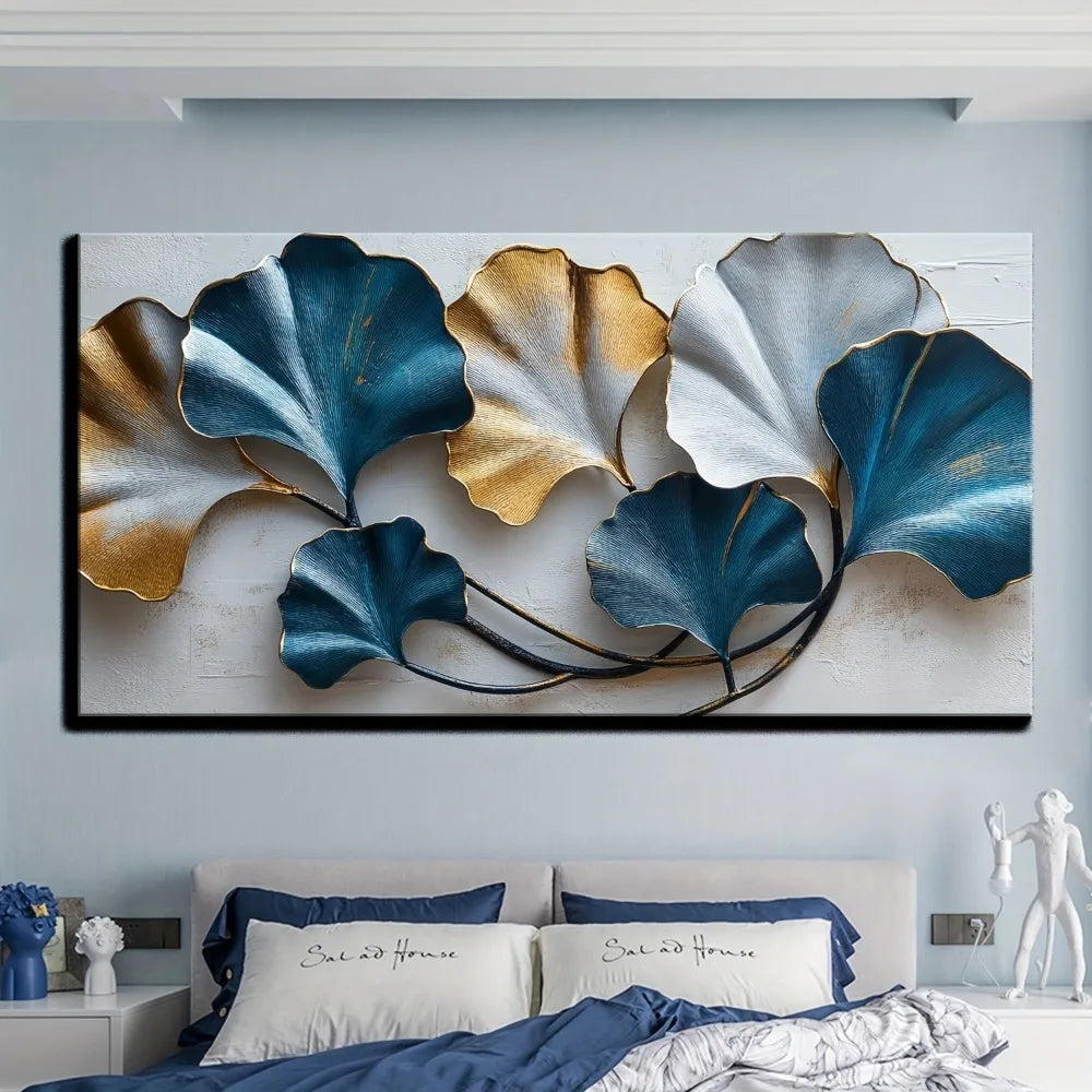 Blue And Yellow Leaf Canvas Wall Art Elegant Sketch Still Life Home Decor 1.5 Inch Thick Pine Solid Wood Frame - Cheerful Home Finds