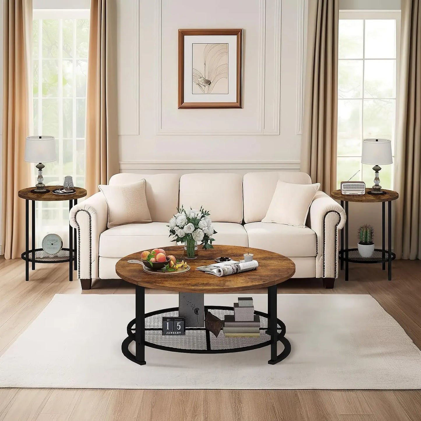 Coffee Table Set with Two End Side Tables Modern 3-Piece Living Room Table Set