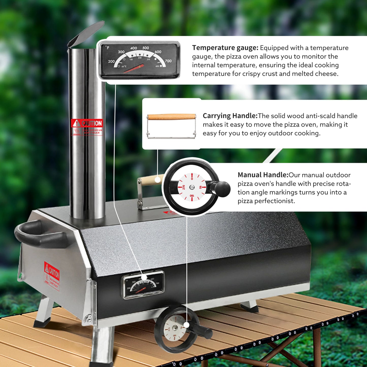 Outdoor Semi-Automatic Rotating Pizza Oven Portable Stainless Steel Wood Fired Pizza Machine with Thermometer Pizza Knife - Cheerful Home Finds