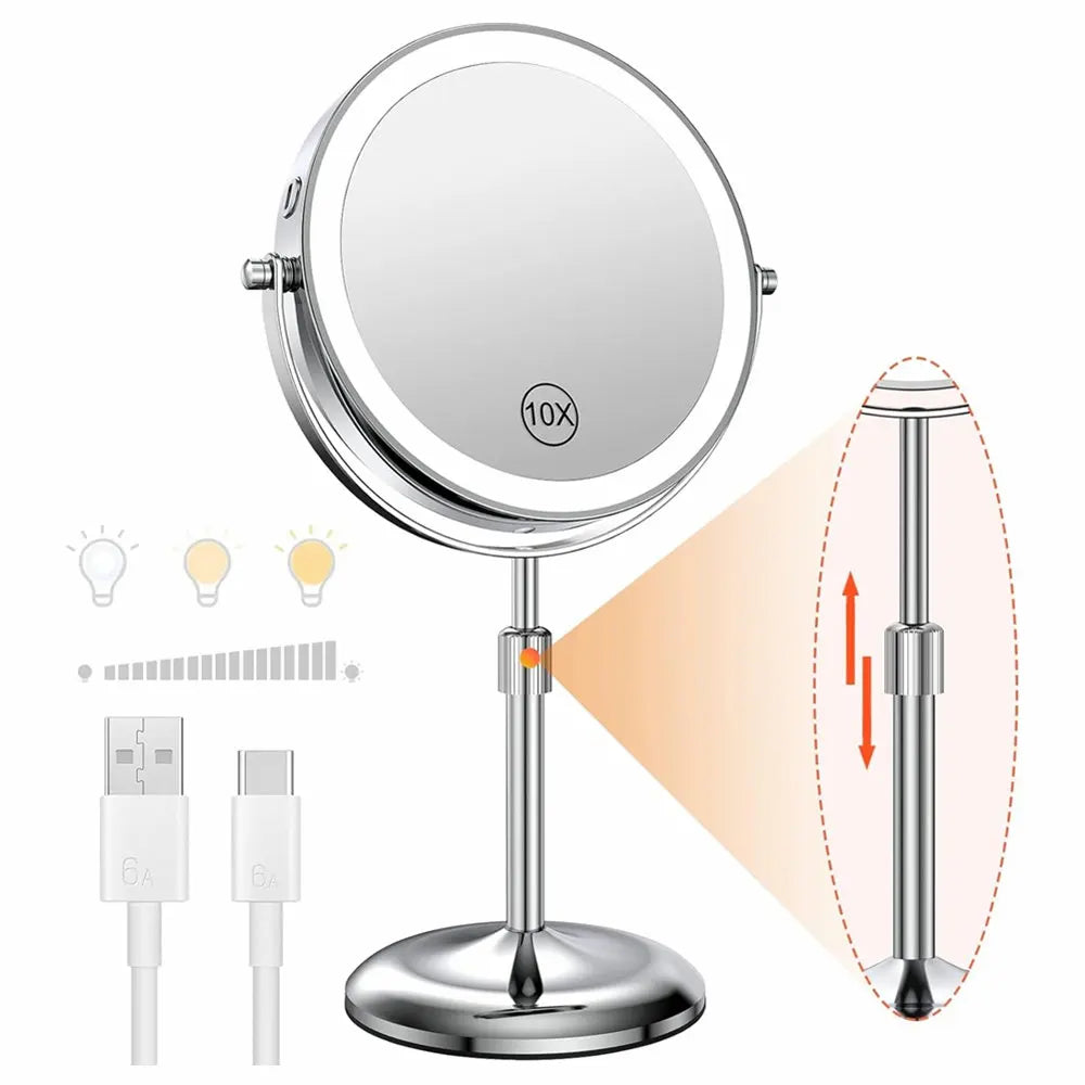 8 Inch Makeup Mirror With Light Lamp 10X Magnification 3 Color Lights Adjustable Brightness Height Standing Mirror - Cheerful Home Finds