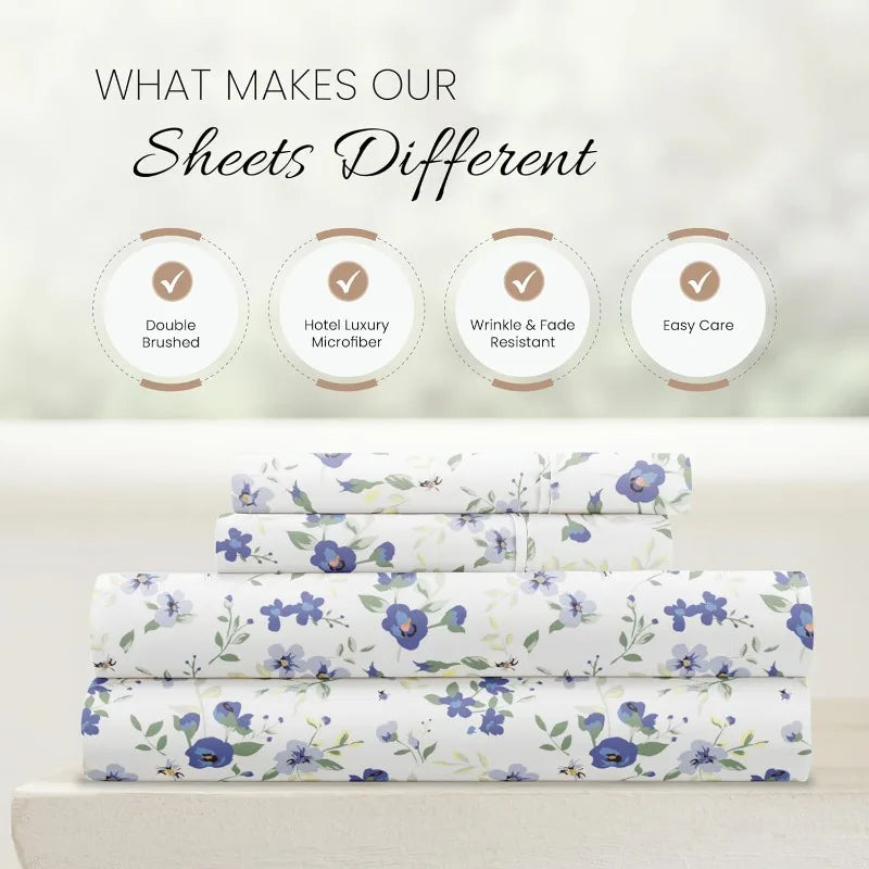 4 Piece Queen Sheet Set Light Blue Floral Ultra Soft Cooling Bed Sheets - Cheerful Home Finds