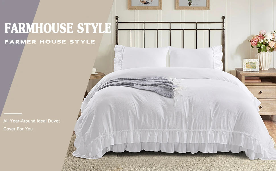 3 Piece Ruffled Duvet Cover Set Queen Farmhouse Ruffle - Cheerful Home Finds