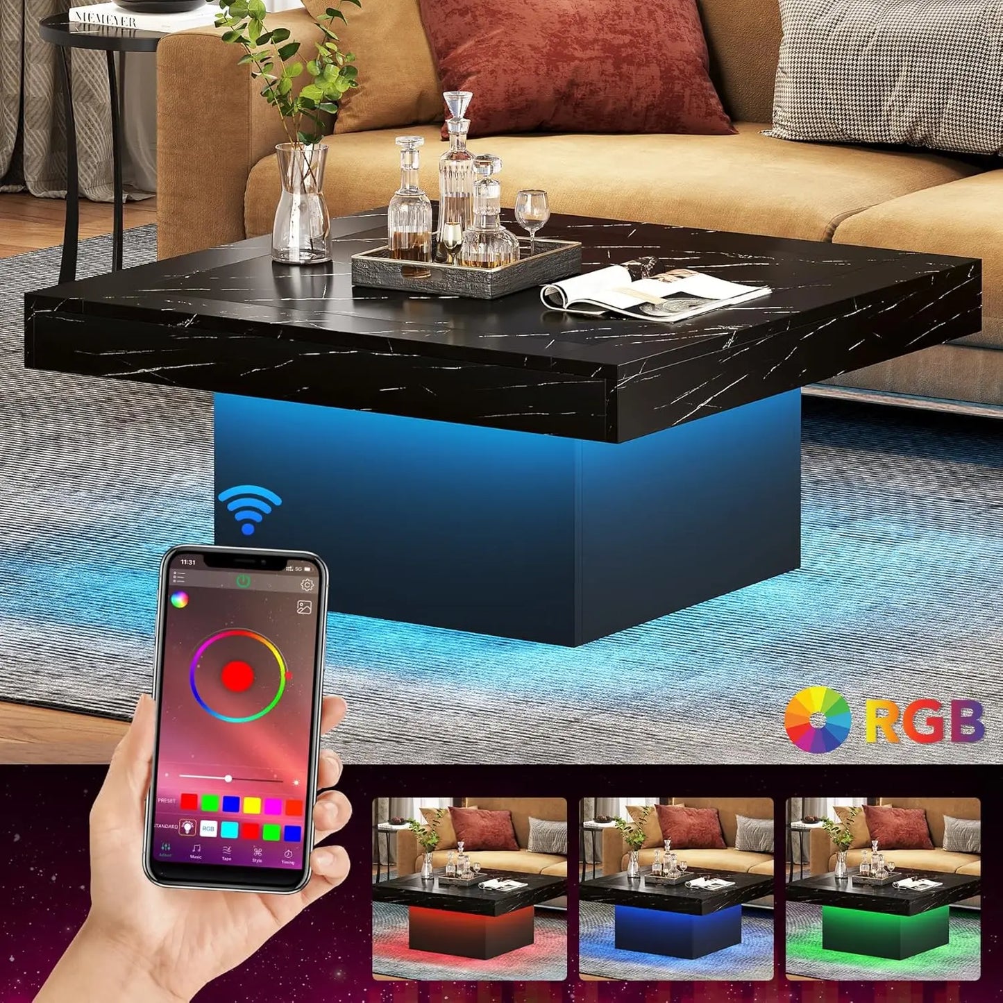Tribesigns Square LED Coffee Table Engineered Wood Low Coffee Table for Living Room Rustic Brown and Black