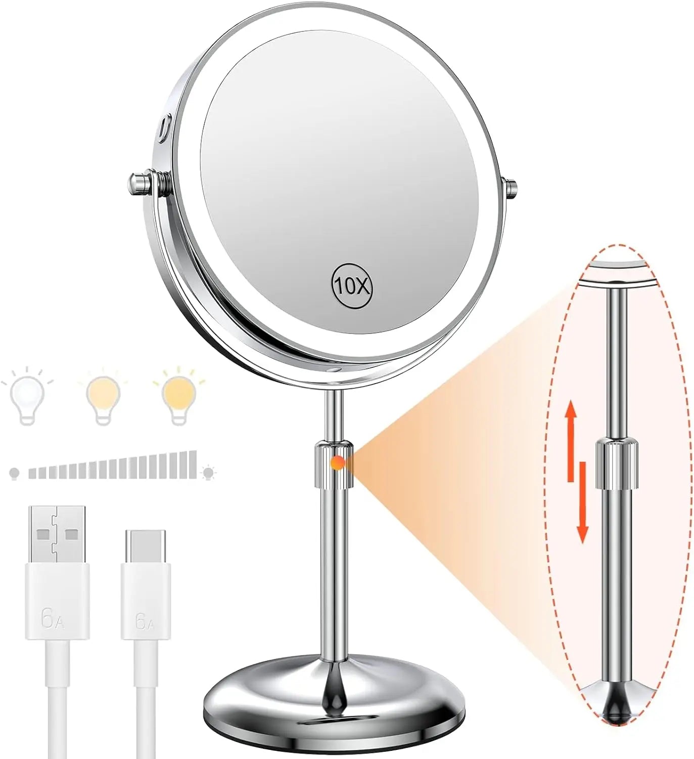 8 Inch Makeup Mirror With Light Lamp 10X Magnification 3 Color Lights Adjustable Brightness Height Standing Mirror - Cheerful Home Finds