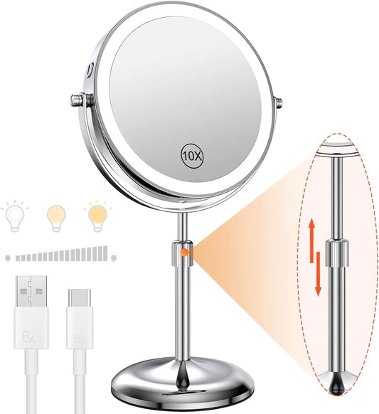 8 Inch Makeup Mirror With Light Lamp 10X Magnification 3 Color Lights Adjustable Brightness Height Standing Mirror - Cheerful Home Finds